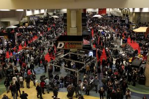 View of the show floor filled with people and custom motorcycles at the 2019 Donnie Smith Bike & Car Show