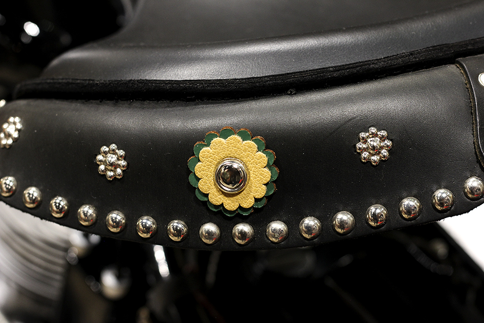 Close up on the hard-to-find accessories on Greg Lew's panhead at the 2019 Donnie Smith Bike & Car Show