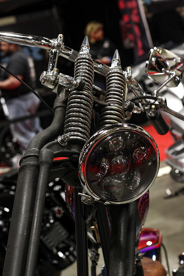 Forks welded to Ford truck axles on panhead at 2019 Donnie Smith Bike & Car Show